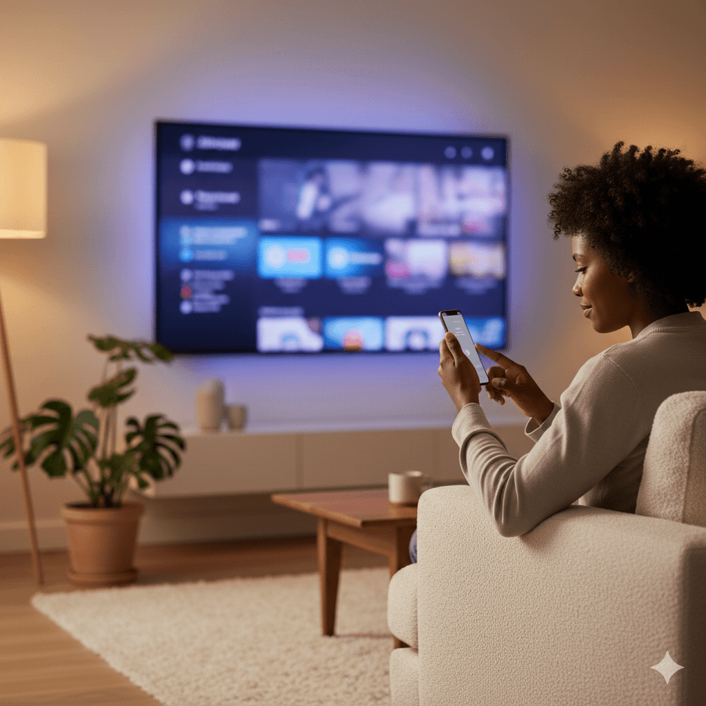 Woman controls smart TV with phone, ambient purple light illuminates living room.